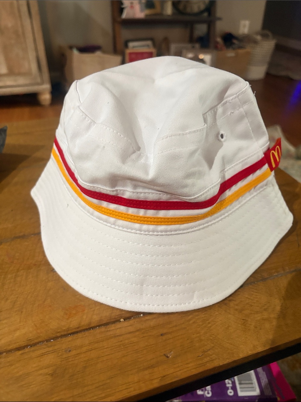 McDonald's White Bucket Hat with Red & Yellow Stripe Accents